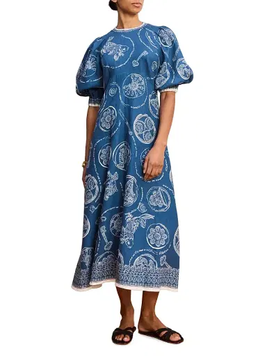 ALÉMAIS Women's Lucky Printed Linen Puff-Sleeve Midi-Dress - Blue | Thumbnail 2 ALÉMAIS Women's Lucky Printed Linen Puff-Sleeve Midi-Dress - Blue | Thumbnail 2