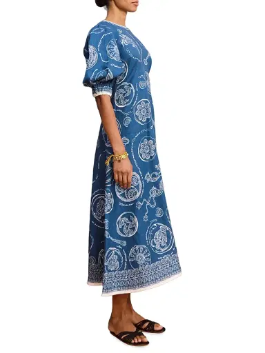 ALÉMAIS Women's Lucky Printed Linen Puff-Sleeve Midi-Dress - Blue | Thumbnail 3 ALÉMAIS Women's Lucky Printed Linen Puff-Sleeve Midi-Dress - Blue | Thumbnail 3