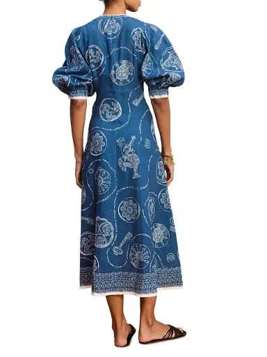 ALÉMAIS Women's Lucky Printed Linen Puff-Sleeve Midi-Dress - Blue | Thumbnail 4 ALÉMAIS Women's Lucky Printed Linen Puff-Sleeve Midi-Dress - Blue | Thumbnail 4