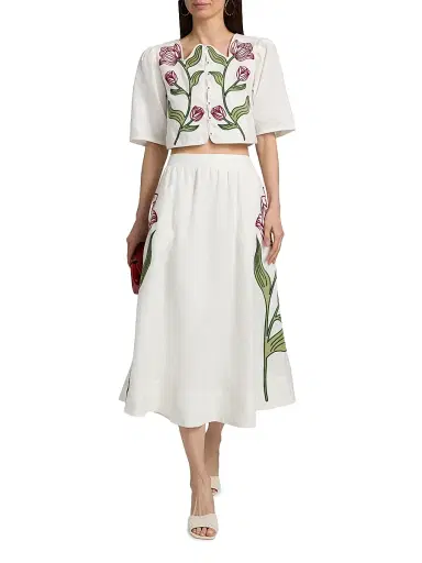 Farm Rio Women's Floral-Embroidered Linen Crop Top - Off White | Thumbnail 2 Farm Rio Women's Floral-Embroidered Linen Crop Top - Off White | Thumbnail 2