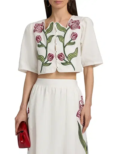 Farm Rio Women's Floral-Embroidered Linen Crop Top - Off White | Thumbnail 3 Farm Rio Women's Floral-Embroidered Linen Crop Top - Off White | Thumbnail 3
