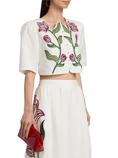 Farm Rio Women's Floral-Embroidered Linen Crop Top - Off White | Thumbnail 4 Farm Rio Women's Floral-Embroidered Linen Crop Top - Off White | Thumbnail 4