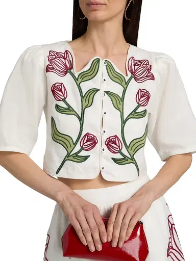 Farm Rio Women's Floral-Embroidered Linen Crop Top - Off White | Thumbnail 6 Farm Rio Women's Floral-Embroidered Linen Crop Top - Off White | Thumbnail 6