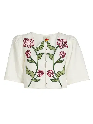 Farm Rio Women's Floral-Embroidered Linen Crop Top - Off White | Thumbnail 1 Farm Rio Women's Floral-Embroidered Linen Crop Top - Off White | Thumbnail 1