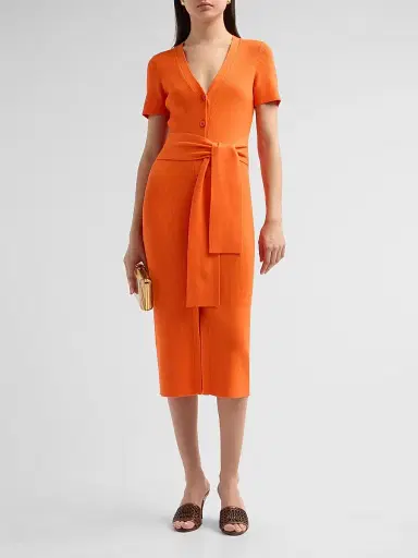 Toccin Women's Agnes Ribbed Tie-Front Midi Dress - Flame | Thumbnail 2 Toccin Women's Agnes Ribbed Tie-Front Midi Dress - Flame | Thumbnail 2