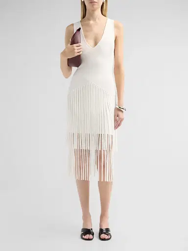Toccin Women's Patricia Fringed V-Neck Midi Dress - Optic | Thumbnail 2 Toccin Women's Patricia Fringed V-Neck Midi Dress - Optic | Thumbnail 2