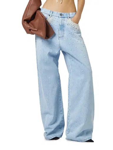 GIUSEPPE DI MORABITO Women's Act II: The Fall of Icarus Imitation Pearl-Embellished Wide-Leg Jeans | Thumbnail 1 GIUSEPPE DI MORABITO Women's Act II: The Fall of Icarus Imitation Pearl-Embellished Wide-Leg Jeans | Thumbnail 1