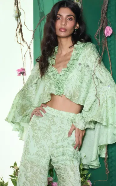 LA FUORI Mistleaf Ruffled Printed Satin Wide-Leg Pants | Thumbnail 2 LA FUORI Mistleaf Ruffled Printed Satin Wide-Leg Pants | Thumbnail 2
