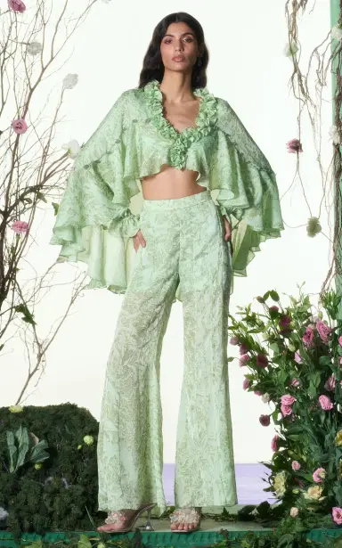 LA FUORI Mistleaf Ruffled Printed Satin Wide-Leg Pants | Thumbnail 3 LA FUORI Mistleaf Ruffled Printed Satin Wide-Leg Pants | Thumbnail 3