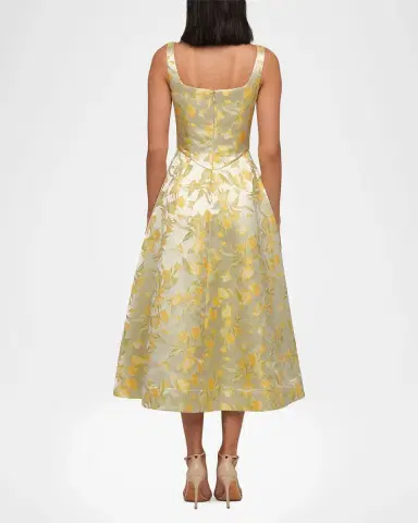 THEIA Julie Basque-Waist Pleated Jacquard Midi Dress | Thumbnail 2 THEIA Julie Basque-Waist Pleated Jacquard Midi Dress | Thumbnail 2