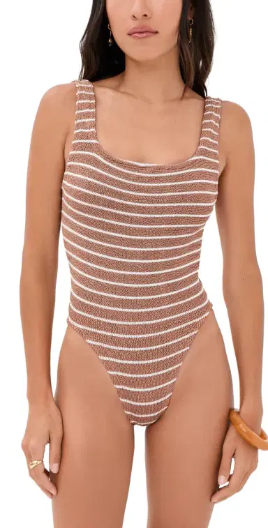 Hunza G Square Neck One Piece Metallic Cocoa/White Stripe One Size | Thumbnail 1 Hunza G Square Neck One Piece Metallic Cocoa/White Stripe One Size | Thumbnail 1