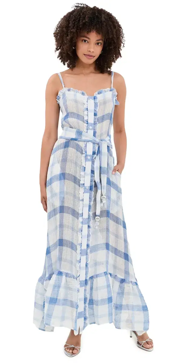 Maxi Ruffle lip Dress Windowpane orrento Gauze Maxi Ruffle lip Dress Windowpane orrento Gauze