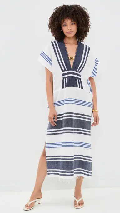 Lemlem Gasira V Neck Coverup Caftan Marina Blue M | Thumbnail 2 Lemlem Gasira V Neck Coverup Caftan Marina Blue M | Thumbnail 2