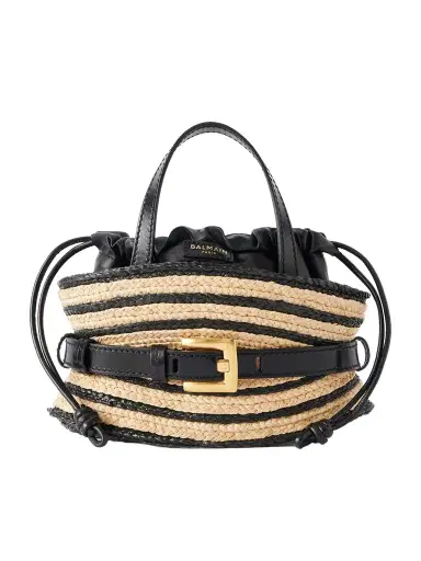 Balmain Shuffle Mini Buckled Leather-trimmed Raffia Shoulder Bag | Thumbnail 1 Balmain Shuffle Mini Buckled Leather-trimmed Raffia Shoulder Bag | Thumbnail 1