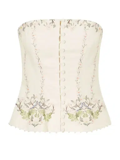 Agua by Agua Bendita Tota Anhelo Embellished Floral-printed Linen Bustier Top | Thumbnail 1 Agua by Agua Bendita Tota Anhelo Embellished Floral-printed Linen Bustier Top | Thumbnail 1