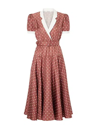 Rodarte Belted Pleated Polka-dot Crepe-trimmed Silk-twill Midi Dress | Thumbnail 1 Rodarte Belted Pleated Polka-dot Crepe-trimmed Silk-twill Midi Dress | Thumbnail 1
