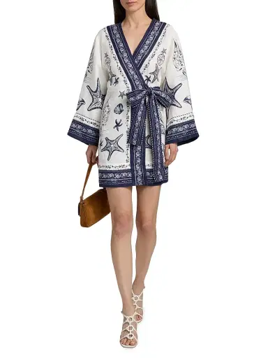 Farm Rio Women's Coast Scarf Linen Tie-Waist Minidress - Off White | Thumbnail 2 Farm Rio Women's Coast Scarf Linen Tie-Waist Minidress - Off White | Thumbnail 2