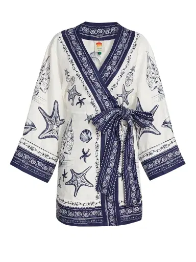 Farm Rio Women's Coast Scarf Linen Tie-Waist Minidress - Off White | Thumbnail 1 Farm Rio Women's Coast Scarf Linen Tie-Waist Minidress - Off White | Thumbnail 1