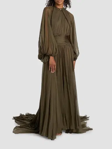 Oscar de la Renta Women's Open-Sleeve Silk Chiffon Capelet & Gown - Truffle | Thumbnail 2 Oscar de la Renta Women's Open-Sleeve Silk Chiffon Capelet & Gown - Truffle | Thumbnail 2
