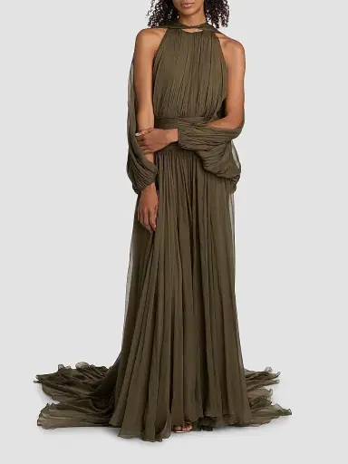 Oscar de la Renta Women's Open-Sleeve Silk Chiffon Capelet & Gown - Truffle | Thumbnail 3 Oscar de la Renta Women's Open-Sleeve Silk Chiffon Capelet & Gown - Truffle | Thumbnail 3