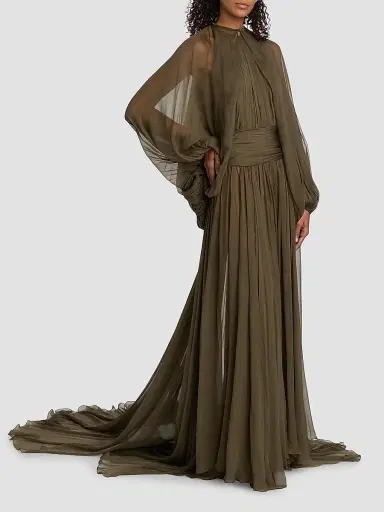 Oscar de la Renta Women's Open-Sleeve Silk Chiffon Capelet & Gown - Truffle | Thumbnail 4 Oscar de la Renta Women's Open-Sleeve Silk Chiffon Capelet & Gown - Truffle | Thumbnail 4