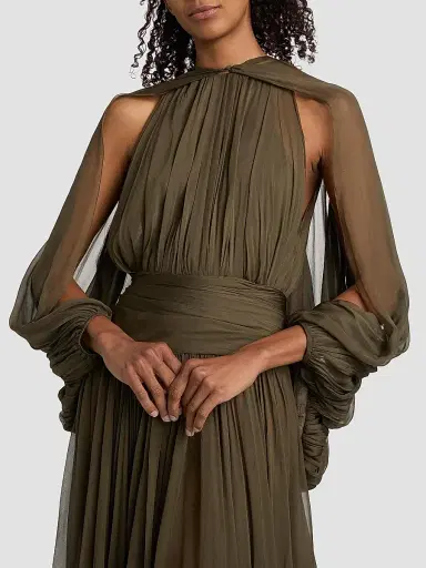 Oscar de la Renta Women's Open-Sleeve Silk Chiffon Capelet & Gown - Truffle | Thumbnail 7 Oscar de la Renta Women's Open-Sleeve Silk Chiffon Capelet & Gown - Truffle | Thumbnail 7