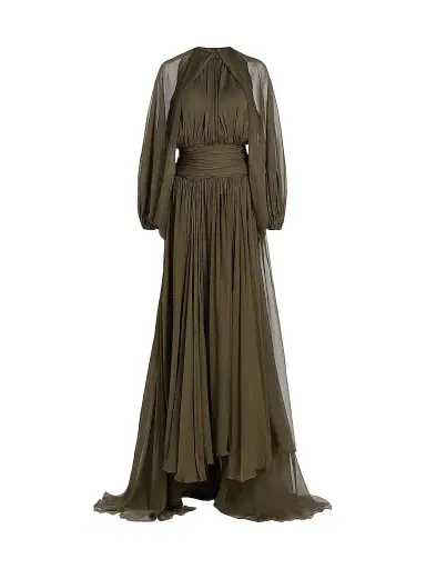 Oscar de la Renta Women's Open-Sleeve Silk Chiffon Capelet & Gown - Truffle | Thumbnail 1 Oscar de la Renta Women's Open-Sleeve Silk Chiffon Capelet & Gown - Truffle | Thumbnail 1