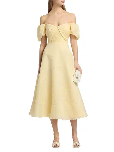 Theia Women's Mel Jacquard Off-The-Shoulder Tea-Length Dress - Butter Yellow | Thumbnail 2 Theia Women's Mel Jacquard Off-The-Shoulder Tea-Length Dress - Butter Yellow | Thumbnail 2