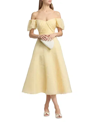 Theia Women's Mel Jacquard Off-The-Shoulder Tea-Length Dress - Butter Yellow | Thumbnail 3 Theia Women's Mel Jacquard Off-The-Shoulder Tea-Length Dress - Butter Yellow | Thumbnail 3