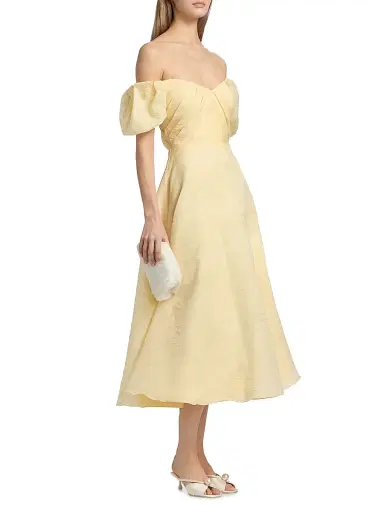 Theia Women's Mel Jacquard Off-The-Shoulder Tea-Length Dress - Butter Yellow | Thumbnail 4 Theia Women's Mel Jacquard Off-The-Shoulder Tea-Length Dress - Butter Yellow | Thumbnail 4