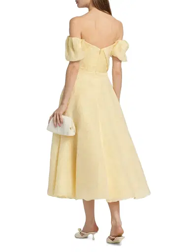 Theia Women's Mel Jacquard Off-The-Shoulder Tea-Length Dress - Butter Yellow | Thumbnail 5 Theia Women's Mel Jacquard Off-The-Shoulder Tea-Length Dress - Butter Yellow | Thumbnail 5