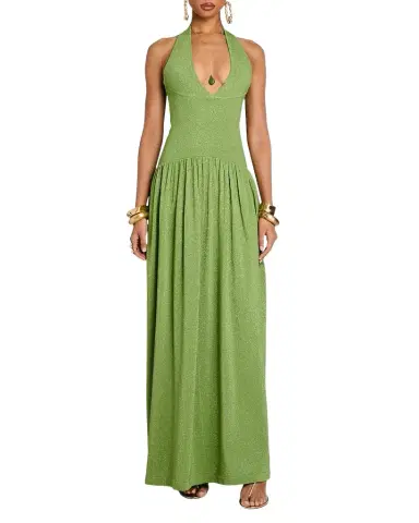 Retrofete Marcelle Metallic Knit Drop-Waist Halter Dress | Thumbnail 1 Retrofete Marcelle Metallic Knit Drop-Waist Halter Dress | Thumbnail 1