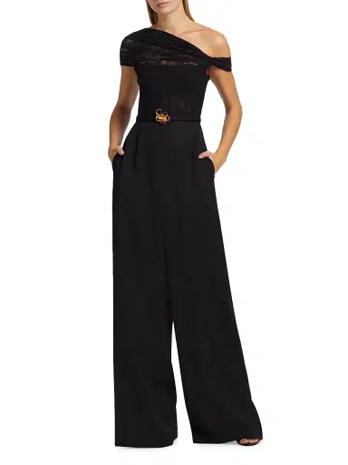 Oscar de la Renta Women's Floral Lace-Virgin Wool One-Shoulder Wide-Leg Jumpsuit - Black | Thumbnail 2 Oscar de la Renta Women's Floral Lace-Virgin Wool One-Shoulder Wide-Leg Jumpsuit - Black | Thumbnail 2