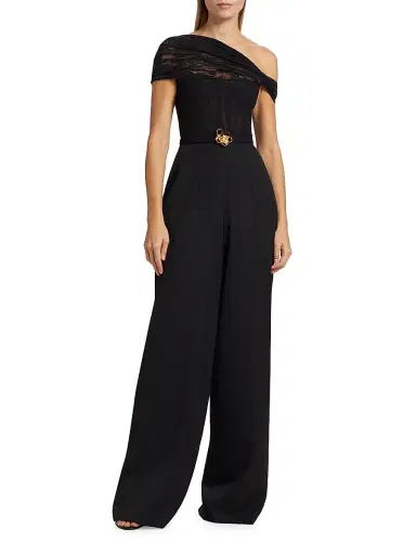 Oscar de la Renta Women's Floral Lace-Virgin Wool One-Shoulder Wide-Leg Jumpsuit - Black | Thumbnail 3 Oscar de la Renta Women's Floral Lace-Virgin Wool One-Shoulder Wide-Leg Jumpsuit - Black | Thumbnail 3