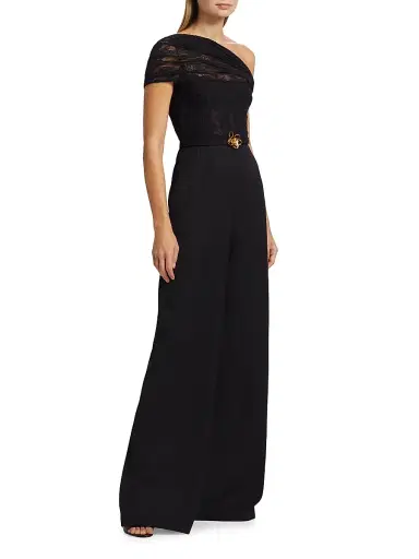 Oscar de la Renta Women's Floral Lace-Virgin Wool One-Shoulder Wide-Leg Jumpsuit - Black | Thumbnail 4 Oscar de la Renta Women's Floral Lace-Virgin Wool One-Shoulder Wide-Leg Jumpsuit - Black | Thumbnail 4