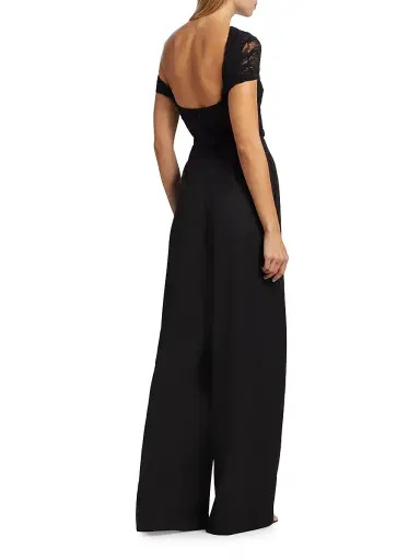 Oscar de la Renta Women's Floral Lace-Virgin Wool One-Shoulder Wide-Leg Jumpsuit - Black | Thumbnail 5 Oscar de la Renta Women's Floral Lace-Virgin Wool One-Shoulder Wide-Leg Jumpsuit - Black | Thumbnail 5
