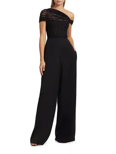 Oscar de la Renta Women's Floral Lace-Virgin Wool One-Shoulder Wide-Leg Jumpsuit - Black | Thumbnail 6 Oscar de la Renta Women's Floral Lace-Virgin Wool One-Shoulder Wide-Leg Jumpsuit - Black | Thumbnail 6