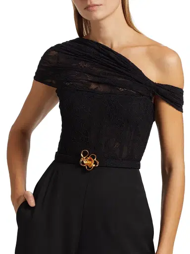 Oscar de la Renta Women's Floral Lace-Virgin Wool One-Shoulder Wide-Leg Jumpsuit - Black | Thumbnail 7 Oscar de la Renta Women's Floral Lace-Virgin Wool One-Shoulder Wide-Leg Jumpsuit - Black | Thumbnail 7
