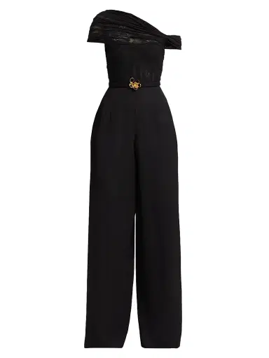 Oscar de la Renta Women's Floral Lace-Virgin Wool One-Shoulder Wide-Leg Jumpsuit - Black | Thumbnail 1 Oscar de la Renta Women's Floral Lace-Virgin Wool One-Shoulder Wide-Leg Jumpsuit - Black | Thumbnail 1