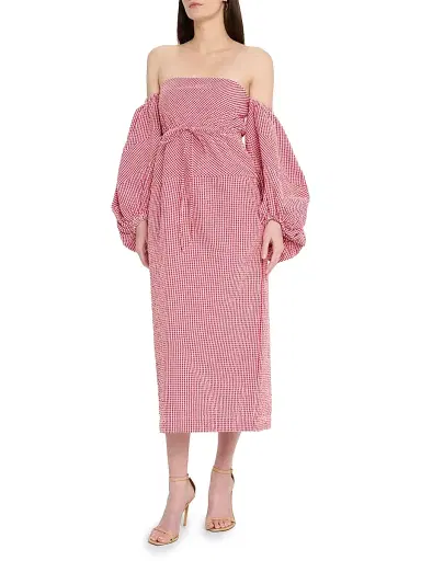 Rosie Assoulin Women's Gingham Cotton Off-Shoulder Midi-Dress | Thumbnail 3 Rosie Assoulin Women's Gingham Cotton Off-Shoulder Midi-Dress | Thumbnail 3