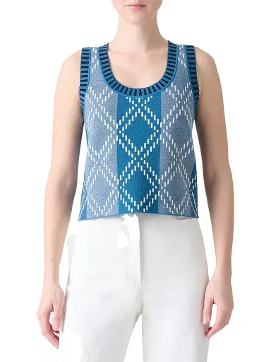 Akris punto Women's Check Stretch-Wool Crop Tank - Medium Blue | Thumbnail 3 Akris punto Women's Check Stretch-Wool Crop Tank - Medium Blue | Thumbnail 3