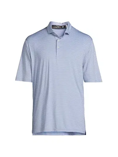 RLX Ralph Lauren Men's RLX Striped Polo Shirt - Blue Lagoon Pink Flamingo | Thumbnail 1 RLX Ralph Lauren Men's RLX Striped Polo Shirt - Blue Lagoon Pink Flamingo | Thumbnail 1