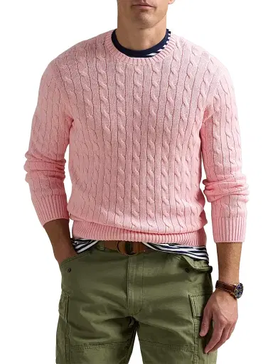 Polo Ralph Lauren Men's Cable-Knit Cotton Crewneck Sweater - Ballet Pink Heather | Thumbnail 3 Polo Ralph Lauren Men's Cable-Knit Cotton Crewneck Sweater - Ballet Pink Heather | Thumbnail 3