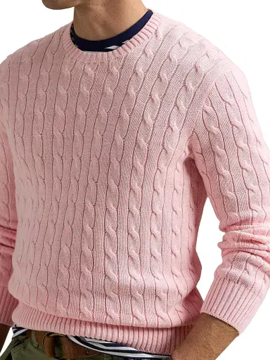 Polo Ralph Lauren Men's Cable-Knit Cotton Crewneck Sweater - Ballet Pink Heather | Thumbnail 5 Polo Ralph Lauren Men's Cable-Knit Cotton Crewneck Sweater - Ballet Pink Heather | Thumbnail 5