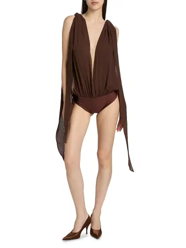 Mariandree Gaitan Women's Valerie Plunging Bodysuit - Brown | Thumbnail 6 Mariandree Gaitan Women's Valerie Plunging Bodysuit - Brown | Thumbnail 6