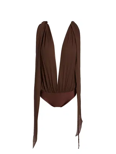 Mariandree Gaitan Women's Valerie Plunging Bodysuit - Brown | Thumbnail 1 Mariandree Gaitan Women's Valerie Plunging Bodysuit - Brown | Thumbnail 1
