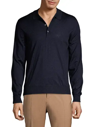 Brioni Men's Long-Sleeve Knit Polo - Midnight Blue | Thumbnail 3 Brioni Men's Long-Sleeve Knit Polo - Midnight Blue | Thumbnail 3