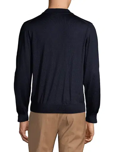 Brioni Men's Long-Sleeve Knit Polo - Midnight Blue | Thumbnail 5 Brioni Men's Long-Sleeve Knit Polo - Midnight Blue | Thumbnail 5