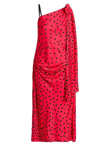 MOSCHINO Women's Polka Dot Bow One-Shoulder Midi-Dress - Multi Red | Thumbnail 1 MOSCHINO Women's Polka Dot Bow One-Shoulder Midi-Dress - Multi Red | Thumbnail 1