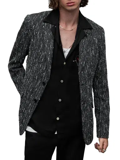 AllSaints Men's Argyll Cotton & Wool-Blend Bouclé Two-Button Blazer - Black White | Thumbnail 3 AllSaints Men's Argyll Cotton & Wool-Blend Bouclé Two-Button Blazer - Black White | Thumbnail 3